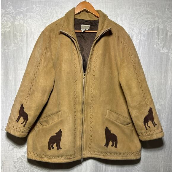 Vintage Jackets & Blazers - Vintage Faux Suede Jacket Large Tan Embroidered Howling Wolves Coldwater Creek